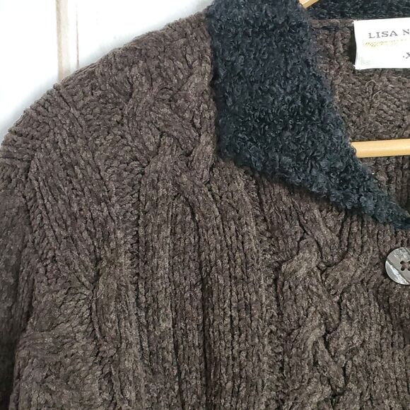Vintage Y2K Lisa Nichols Cable Knit Wool Blend Button Up Brown Black Cardigan XL - Picture 5 of 9